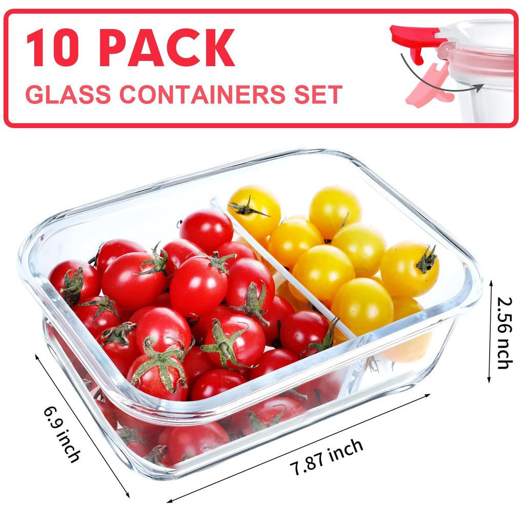 VERONES 10 PACK 30 OZ Glass Meal Prep Containers 2 Compartment Set, Red