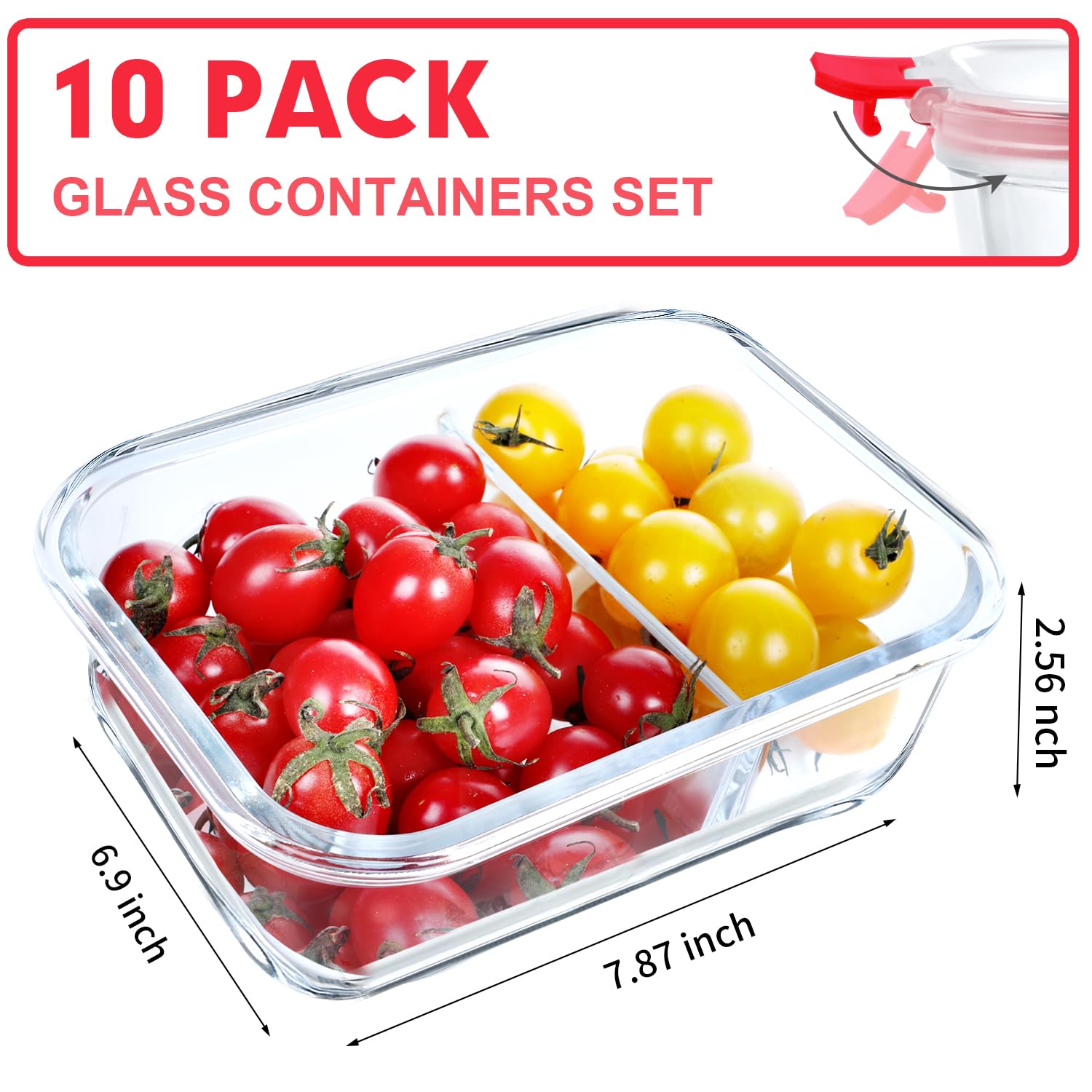 VERONES 10 PACK 30 OZ Glass Meal Prep Containers 2 Compartment Set, Red