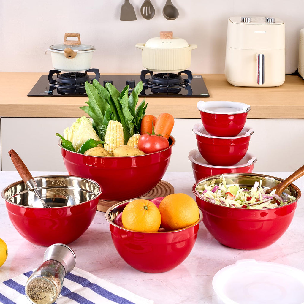 LKTDYMEG Red Mixing Bowls with Lids Set of 7, Stainless Steel Nesting Bowl with Khaki Lid for Non-slip Mixing Prepping Storing Serving, 7 Sizes-7/3.6/2.7/2.1/1.5/1/0.8 QT