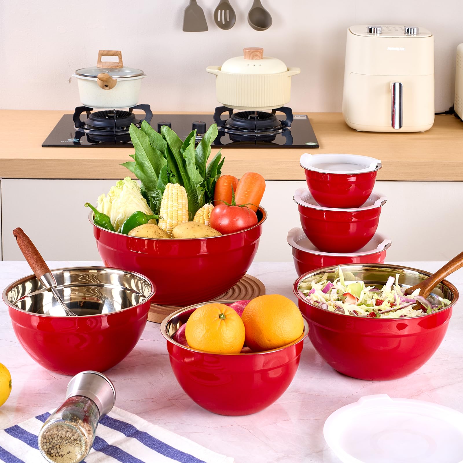 LKTDYMEG Red Mixing Bowls with Lids Set of 7, Stainless Steel Nesting Bowl with Khaki Lid for Non-slip Mixing Prepping Storing Serving, 7 Sizes-7/3.6/2.7/2.1/1.5/1/0.8 QT