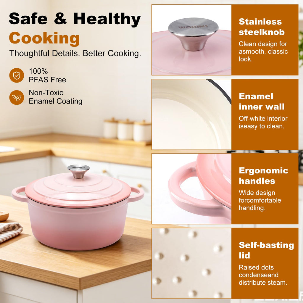 WOKINS 5.5-QT Enameled Cast Iron Round Dutch Oven With Lid,Oven safe,Pink
