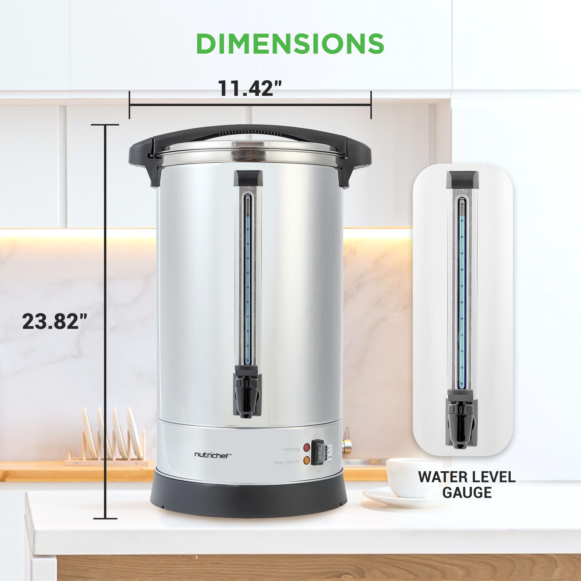 NutriChef Water Boiler and Hot Water Dispenser, 19L Electric Beverage Dispenser with Safety Lock Lid, Non-Drip Tap, Warm Function, Food Grade Stainless Steel, Home & Commercial Use, 19"x9"x9", Silver