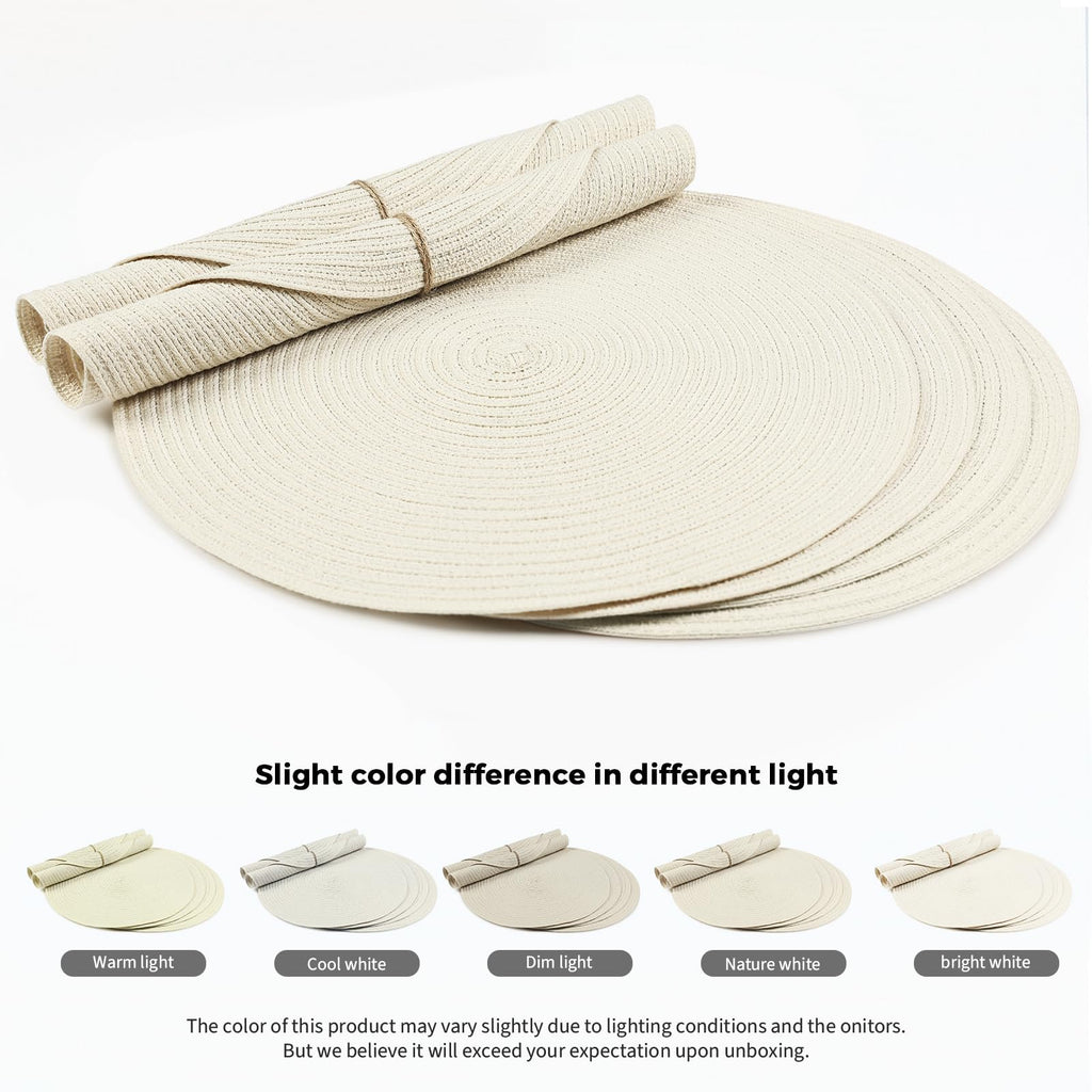 FunWheat Round Braided Placemats Set of 6 Place mats for Dining Tables Woven Heat Resistant Table Mats 15 inch (Ivory,6pcs)
