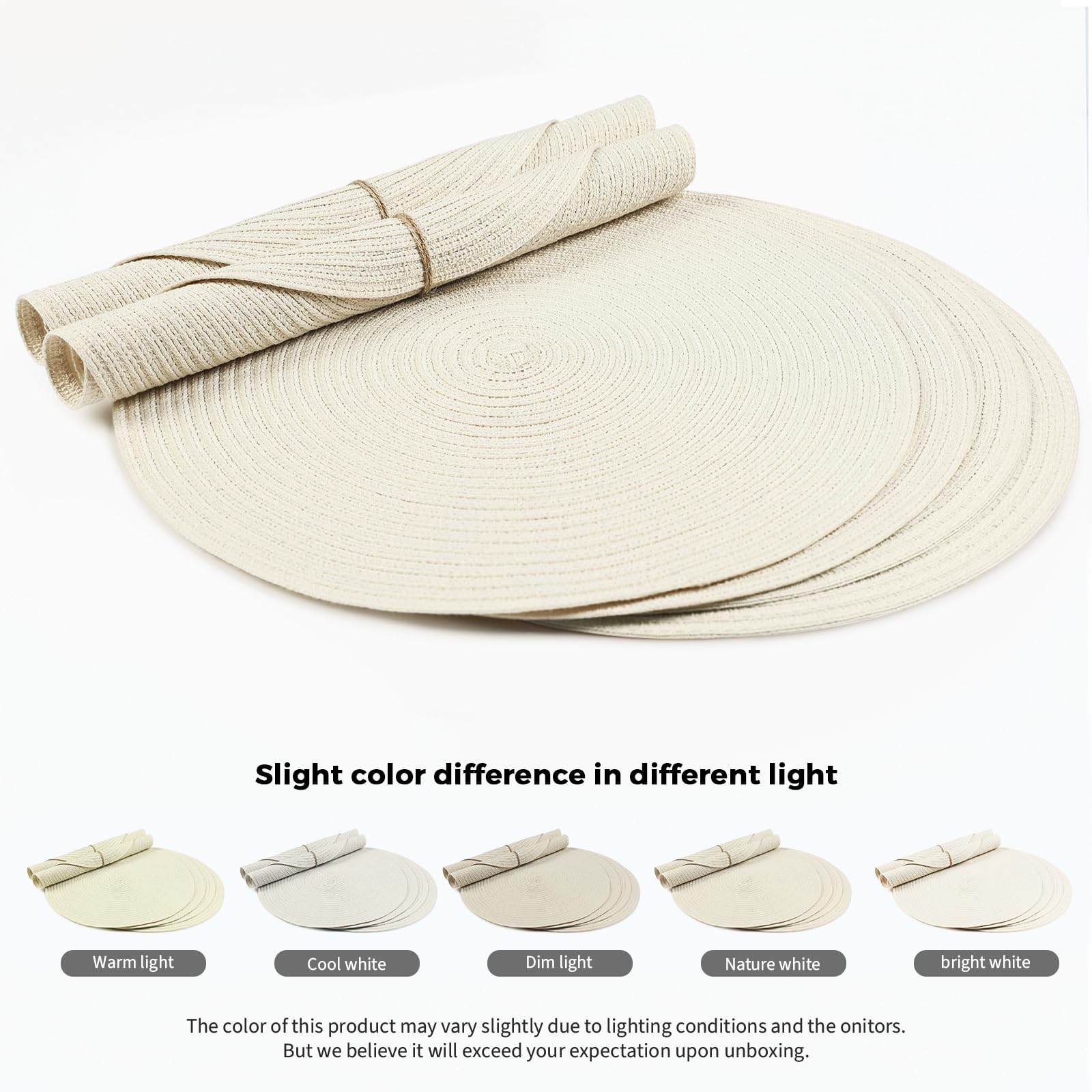 FunWheat Round Braided Placemats Set of 6 Place mats for Dining Tables Woven Heat Resistant Table Mats 15 inch (Ivory,6pcs)