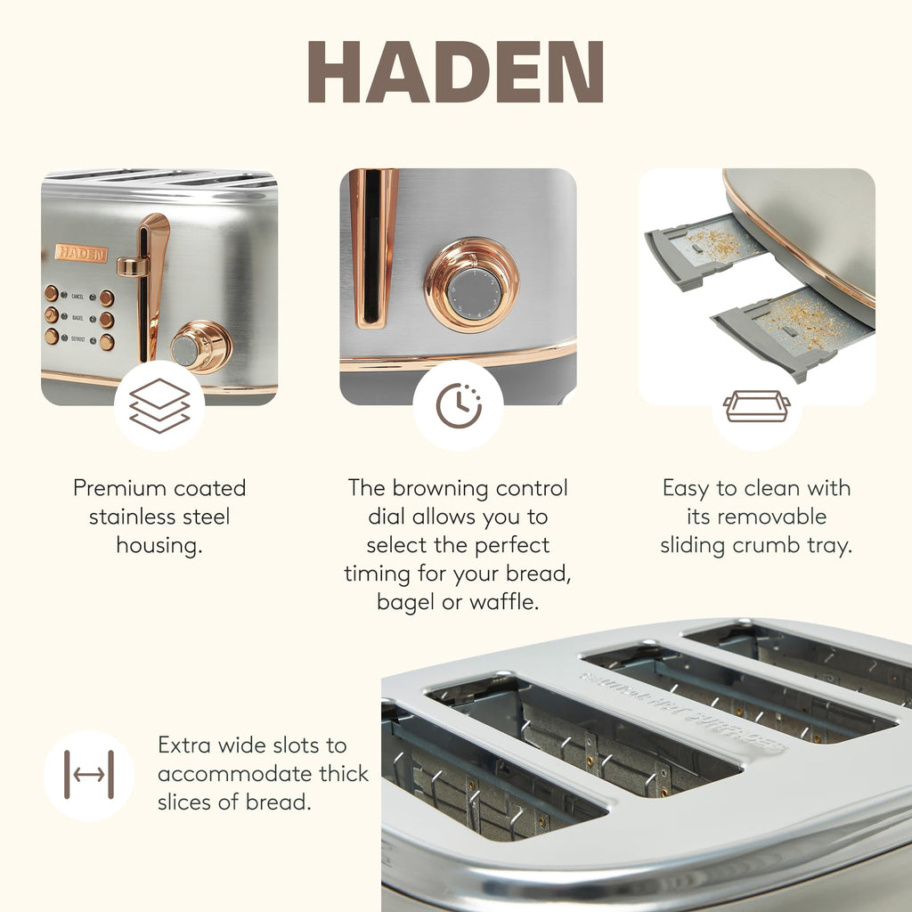 Haden Heritage 4 Slice Wide Slot Stainless Steel Toaster Bundled with 1.7 Liter Stainless Steel Electric Water Kettle, Steel & Copper