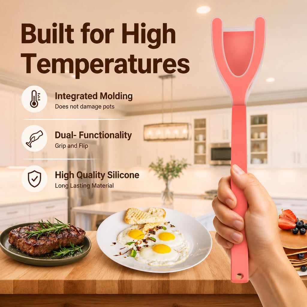 ZONZEST Silicone Egg Flipper Spatula Tongs (Set of 1) – Non-Stick 2-in-1 Grip & Flip Kitchen Tongs for Pancakes, Fish, Eggs, and More – Heat Resistant Cooking Tool (Pink)