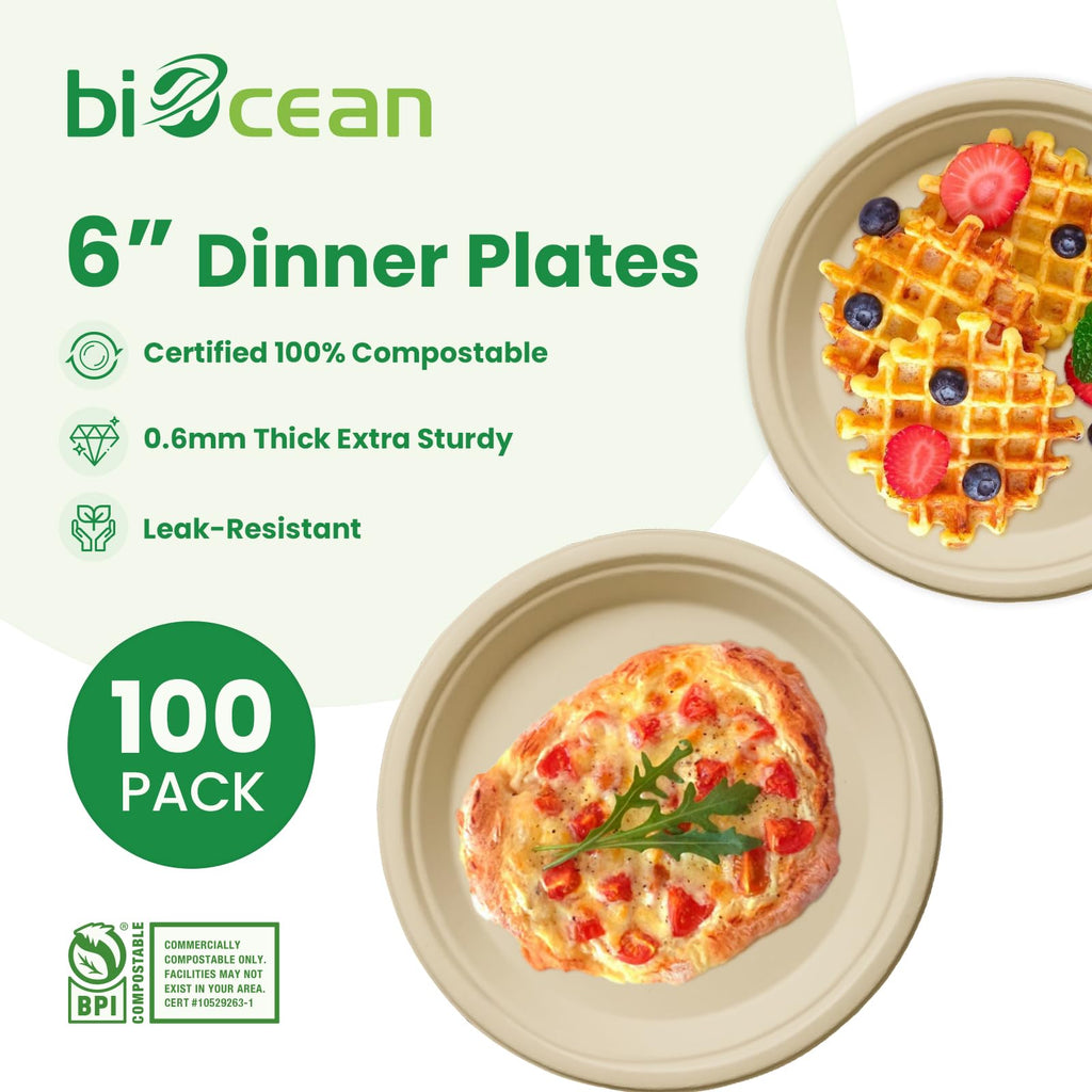 biocean 6 Inch Compostable Plates 100 Pack Heavy Duty Compostable Paper Plate, Disposable Eco-Friendly Sugarcane Bagasse Plate, Natural Brown Plates for Dinner, Dessert, and Weddings