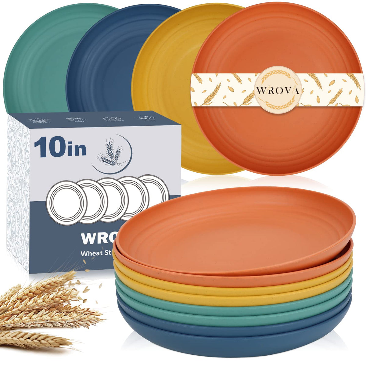 Wrova Wheat Straw Plates - 8 Inch Unbreakable Dinner Plates Set of 8 - Dishwasher & Microwave Safe Plastic Plates Reusable - Lightweight Plates for kitchen,R.V (pure black)