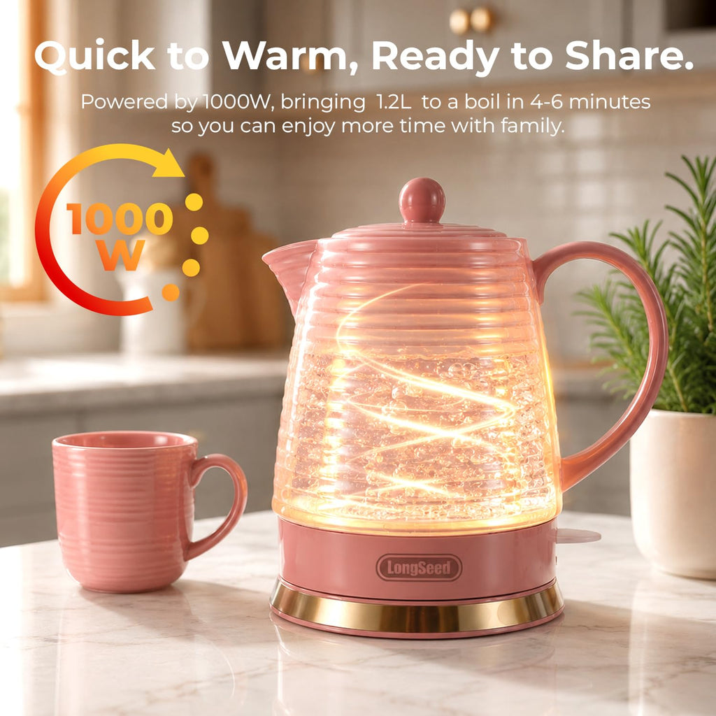 LONGSEED 1.2 Liters Ceramic Electric Kettle with Infuser & Mug Set, 1000W Fast Boil Water for Tea and Coffee, Teapot with Boil-Dry Protection and Auto Shut-Off, Detachable Swivel Base