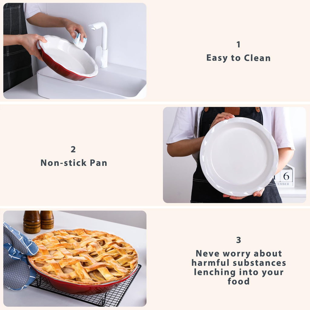 Lareina Deep Dish Pie Pan for Baking, 9 Inch Ceramic Fluted Pie Dish for Apple, Quiche, Pecan, Pot Pies, 53 Ounce Round Pie Plate, Set of 2, Red