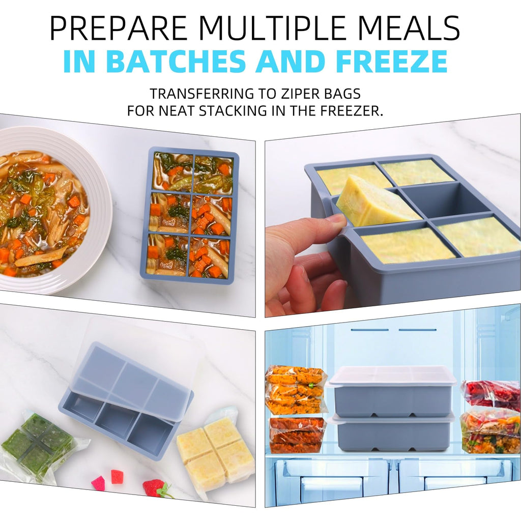 BECOKIT 1/2 Cup Silicone Freezer Tray With Lid,Silicone Freezer Molds 3-Pack For meal prep & freezing of various sauces and other dishes, makes 18 perfect 1/2 cup portions cubes (Multicolor 3 Pack)