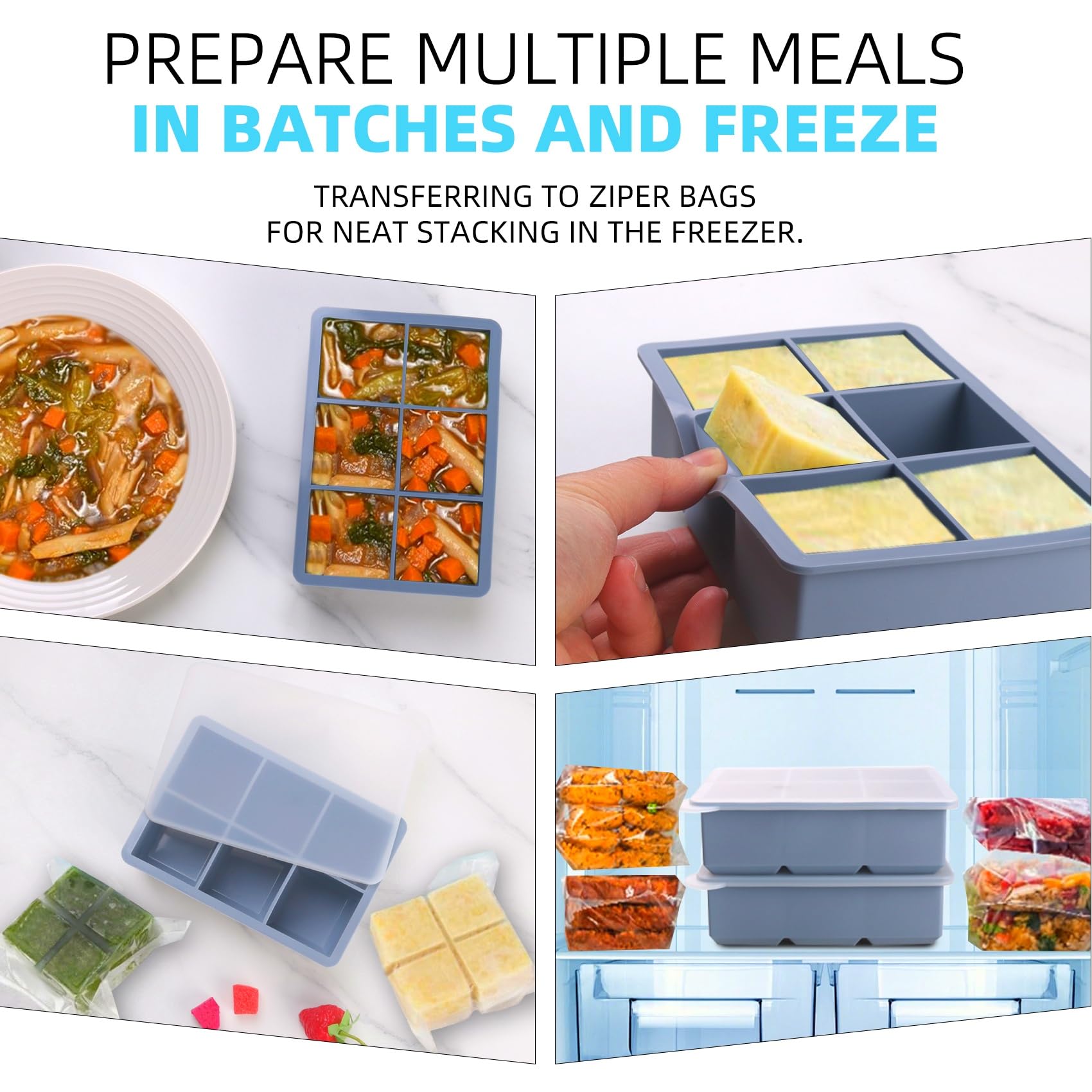 BECOKIT 1/2 Cup Silicone Freezer Tray With Lid,Silicone Freezer Molds 3-Pack For meal prep & freezing of various sauces and other dishes, makes 18 perfect 1/2 cup portions cubes (Multicolor 3 Pack)