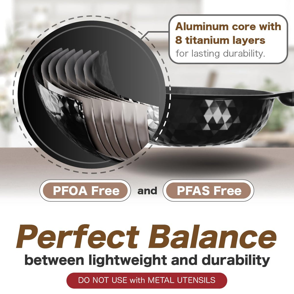 Diamond X Premium Non Stick Wok Pan with Lid - 11" Large Flat Bottom Chinese Wok - Woks & Stir-fry Pans Nonstick - Titanium-Coated 8-Layered Korean Engineered Skillet for Frying, Oil-Free, PFOA-Free