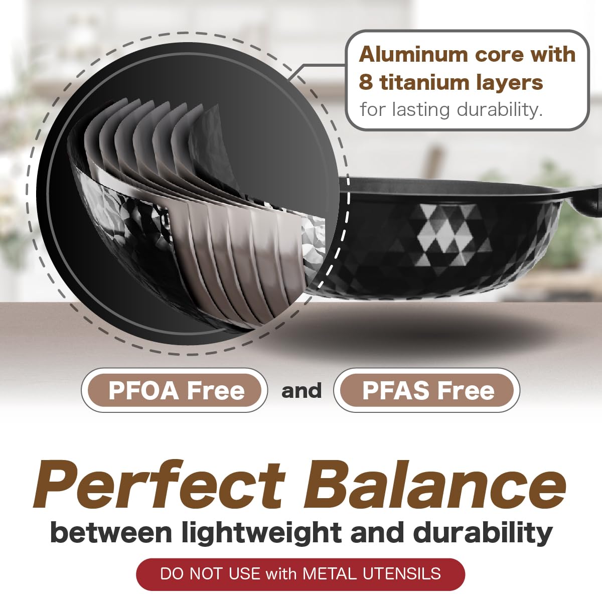 Diamond X Premium Non Stick Wok Pan with Lid - 11" Large Flat Bottom Chinese Wok - Woks & Stir-fry Pans Nonstick - Titanium-Coated 8-Layered Korean Engineered Skillet for Frying, Oil-Free, PFOA-Free
