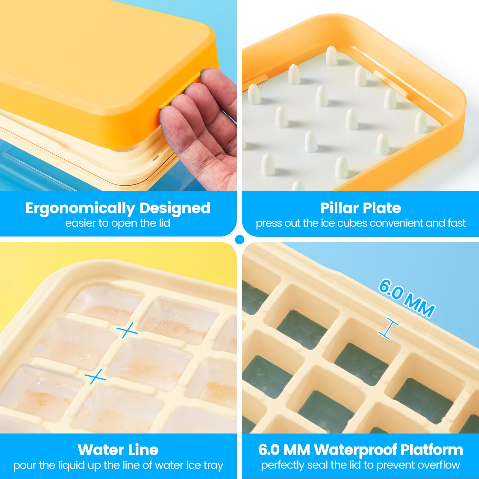 PHINOX Ice Cube Tray with Lid and Bin, Easy Release 56 Cubes for Freezer