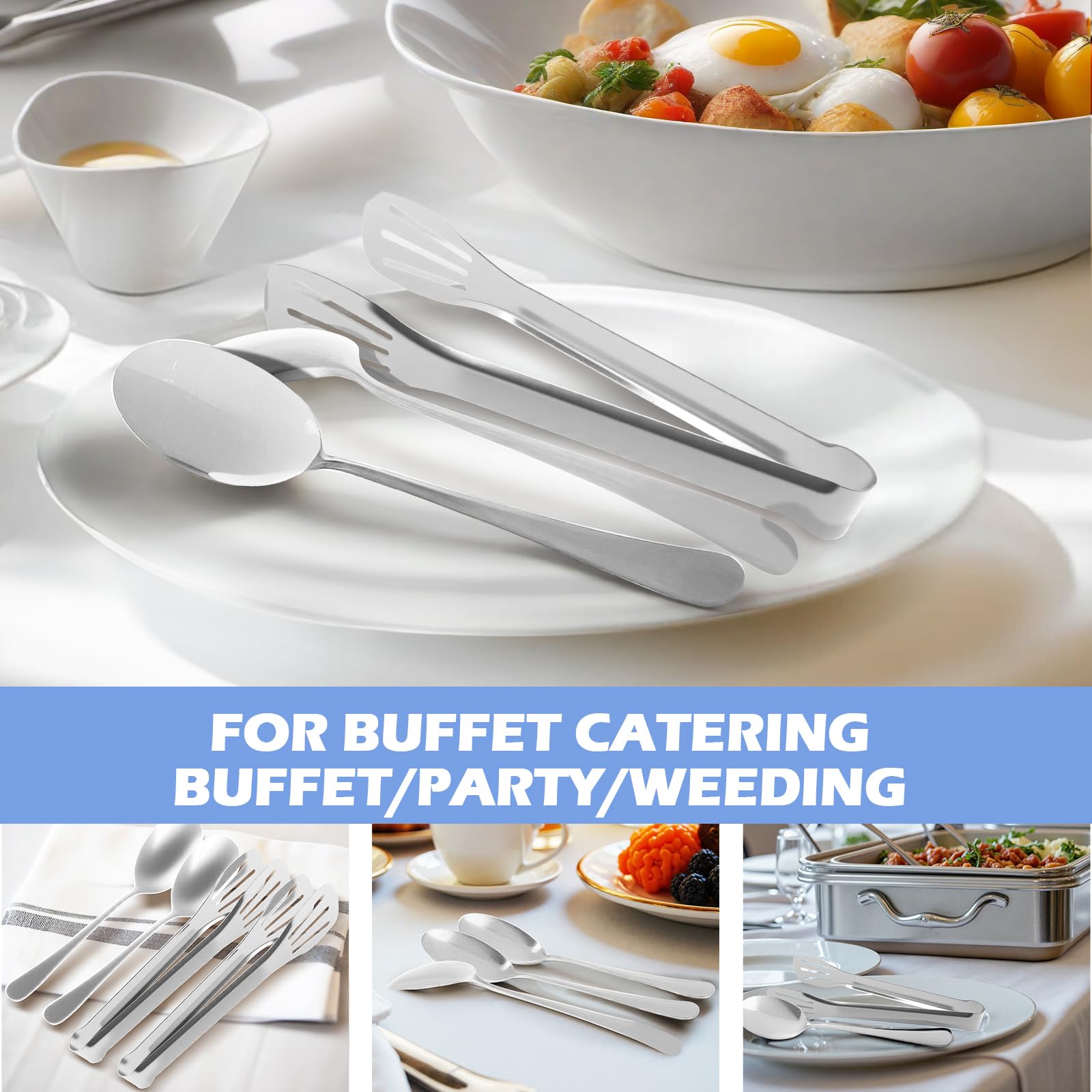 12PCS Silver Serving Utensils Set,Includes 8 large serving spoons,4 serving tongs