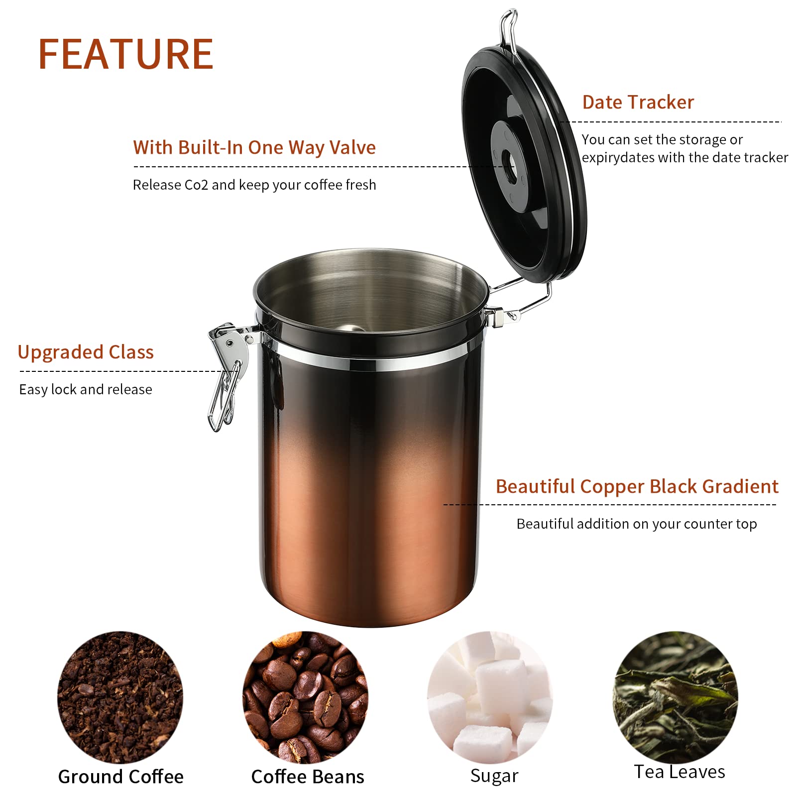 malmo Coffee Canister, Airtight Coffee Container with Date Tracker Lid, Stainless Steel Canister for Kitchen Food Storage (Black-Copper, 9oz)