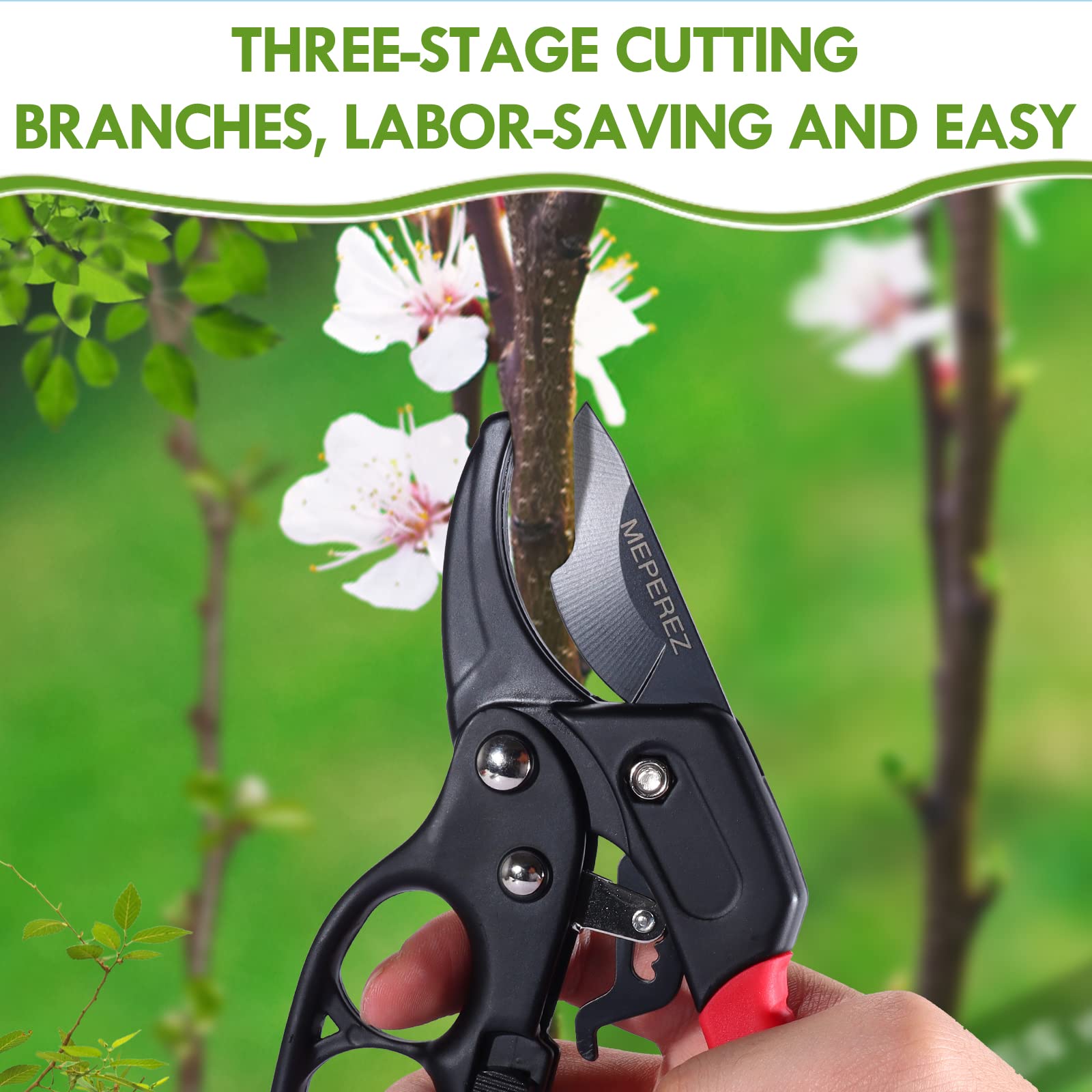 MEPEREZ Premium pruning shears for gardening, Work 3 times easier, Pruners heady duty, Sharp garden clippers cuting florist flower, hedge, herb, rose, Indoor live plants, Arthritis weak hand snips