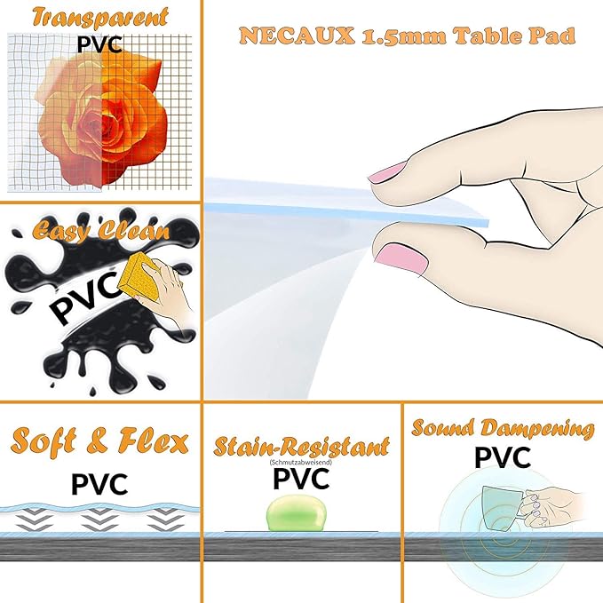 NECAUX Custom 40 x 72 Inch Clear Table Cover Protector, 1.5mm Thick Wood Grain Transparent Table Pad Non-Slip Tablecloth Plastic Protective Pad for 6 Foot Dining Room Table, Meeting Table