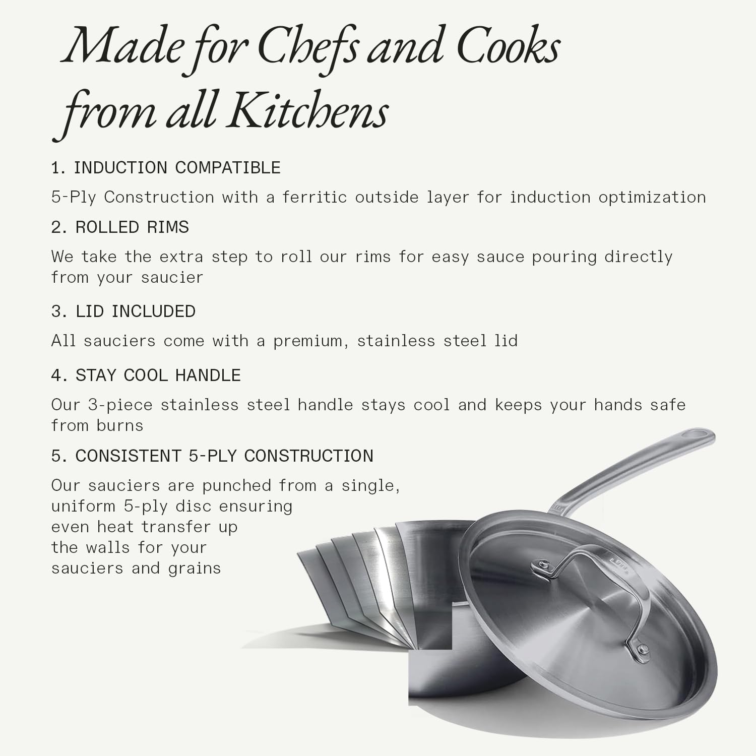 Made In Cookware - 5 Quart Stainless Steel Saucier Pan - 5 Ply Stainless Clad - Professional Cookware - Crafted in Italy - Induction Compatible