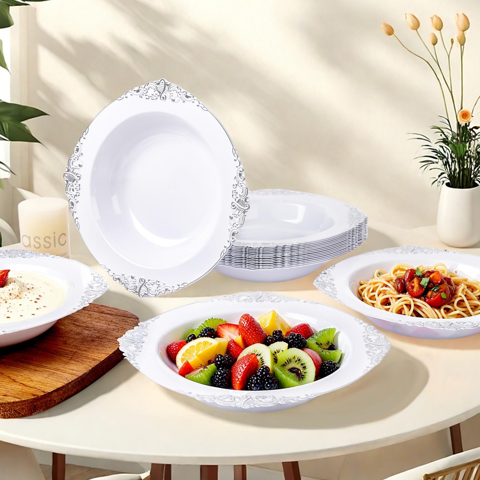 Joyido 100PCS Silver Plastic Bowls - 12 oz Silver Disposable Salad Bowls - Heavy Duty Disposable Soup Bowl - Fancy Plastic Ice Cream Bowl for Weddings Parties Dinners Picnics