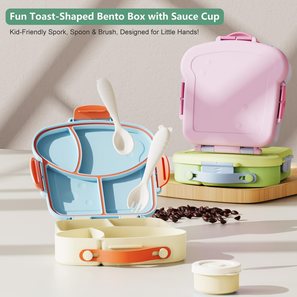 SAYAPE Kids Bento Lunch Box - Toast-Shaped 4-Compartment Lunchable Food Container with Sauce Cup, Utensils & Brush, BPA-Free, Reusable Snack Container with lid, Ideal for School & Travel - Blue