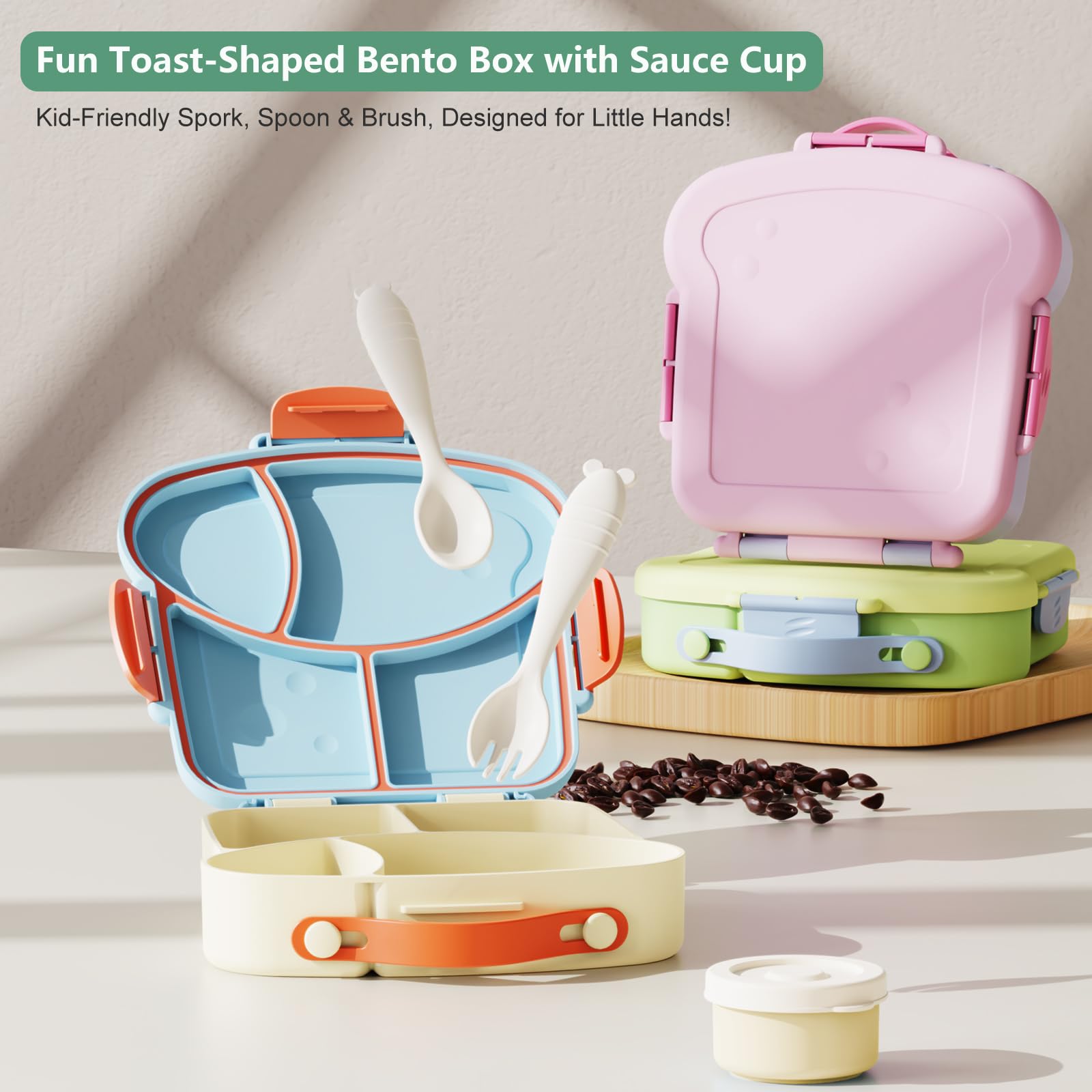 SAYAPE Kids Bento Lunch Box - Toast-Shaped 4-Compartment Lunchable Food Container with Sauce Cup, Utensils & Brush, BPA-Free, Reusable Snack Container with lid, Ideal for School & Travel - Blue
