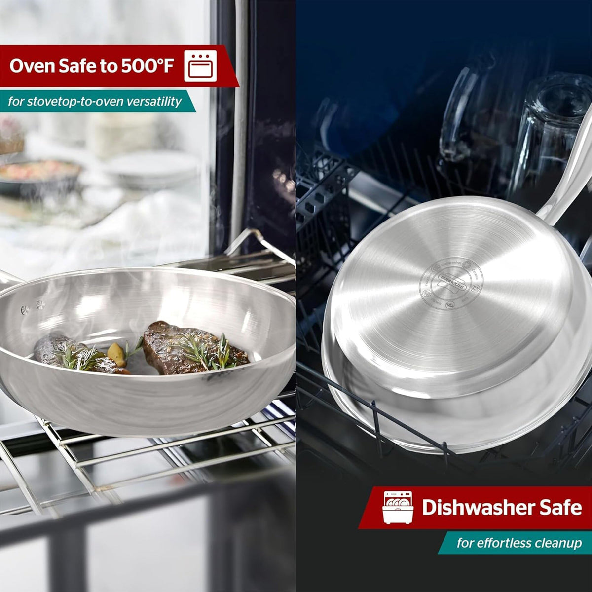 Sunhouse 10 Inch Tri-Ply Stainless Steel Frying Pan, Nonstick Cooking Pans