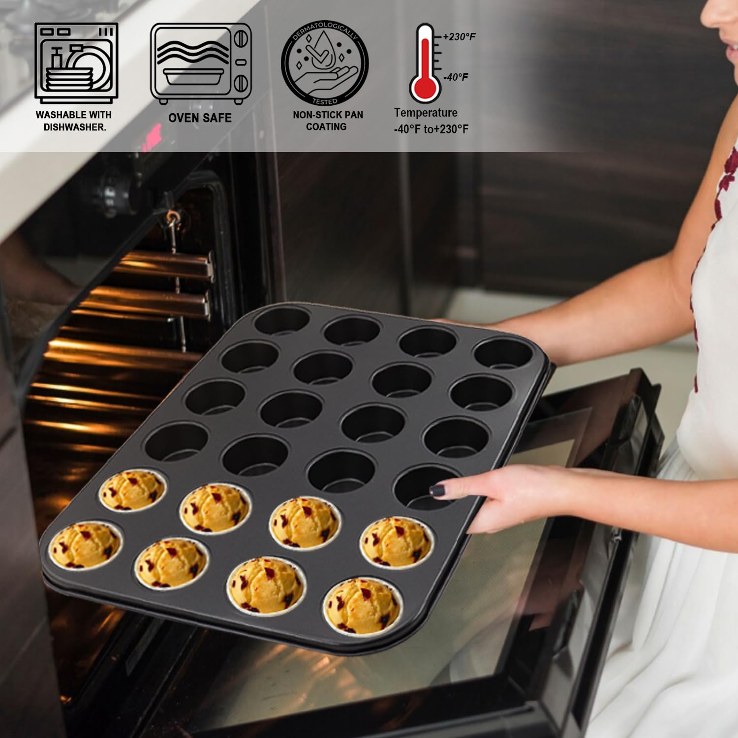 DRAONGYE 2 Packs Round Muffin Baking Pan, Premium Steel Muffin Pan for Baking, Nonstick Cupcake Tin Cheesecake Pans, Bakeware Muffin Top Pan (24 Cups, Black)