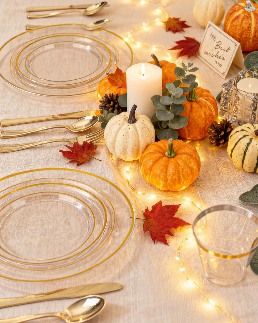 bUCLA 150Pcs Clear Gold Plastic Dinnerware Set - Clear and Gold Disposable Plates Include 25 Dinner / 25 Dessert Plates,25 Knives,25 Forks,25 Spoons,25 Cups for Party