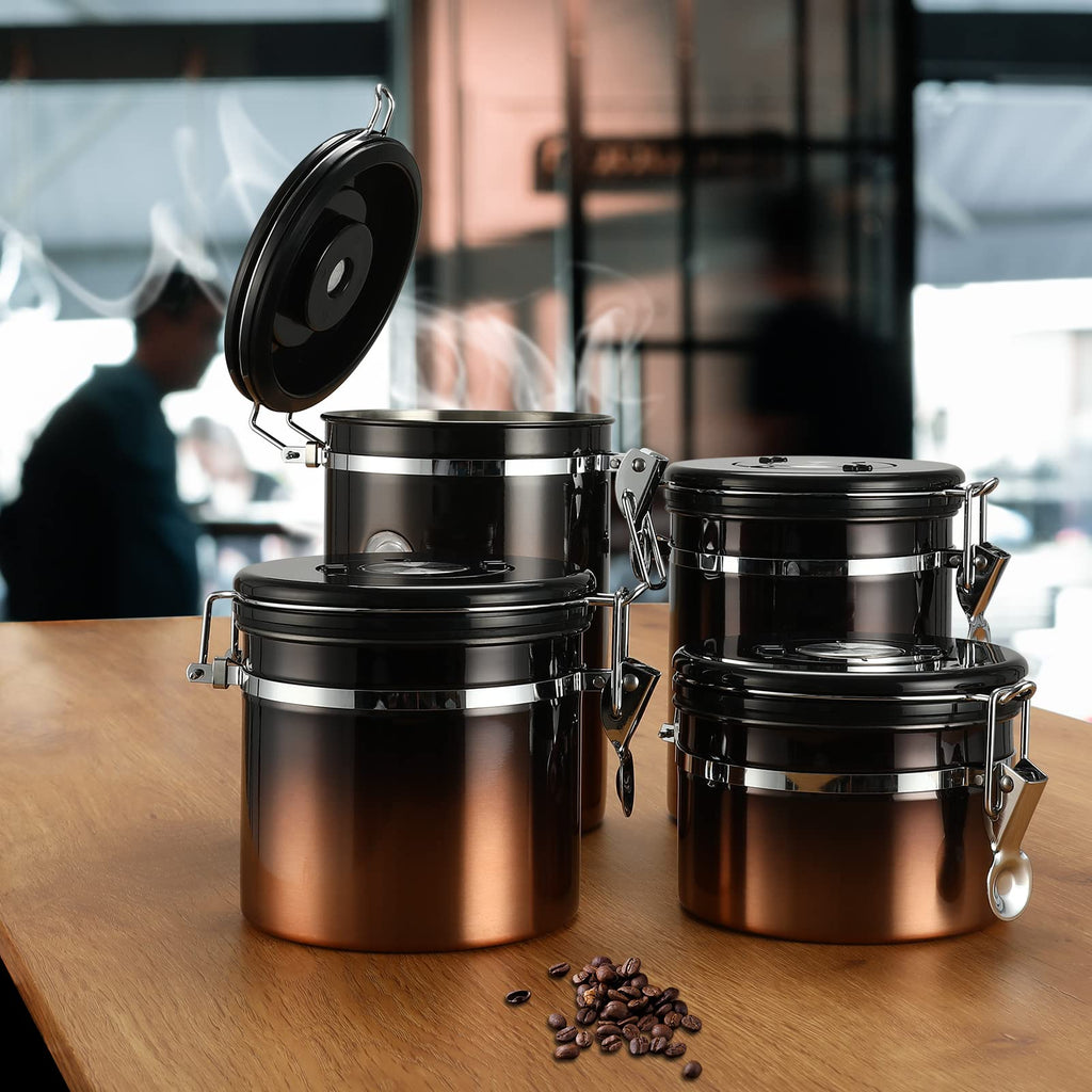 malmo Coffee Canister, Airtight Coffee Container with Date Tracker Lid, Stainless Steel Canister for Kitchen Food Storage (Black-Copper, 9oz)