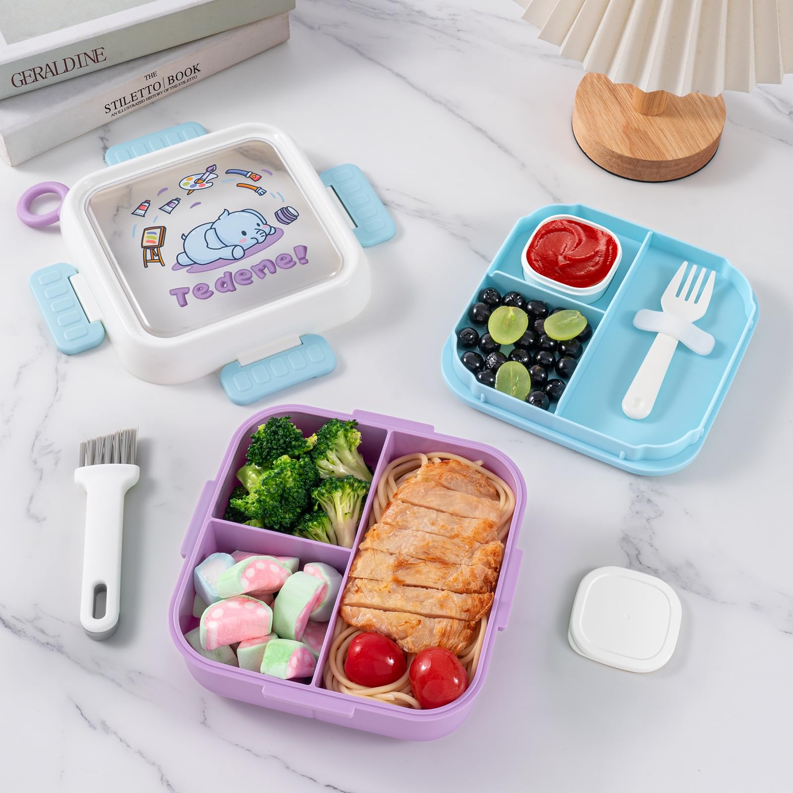SAYAPE Bento Box for Kids Adults – Cute Cartoon 2-Layer Lunch Box with Fork, Sauce Cup & Brush, BPA-Free, 3-Compartment Square Snack Container with Handle for School, Office, or Travel (Purple)