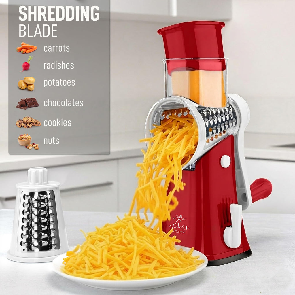 Zulay Kitchen Rotary Cheese Grater 5 Blade Cheese Shredder - Manual Hand Crank Cheese Grater With Reinforced Suction & 5 Interchangeable Drums - Easy to Use, Vegetable Chopper Round Mandoline Slicer