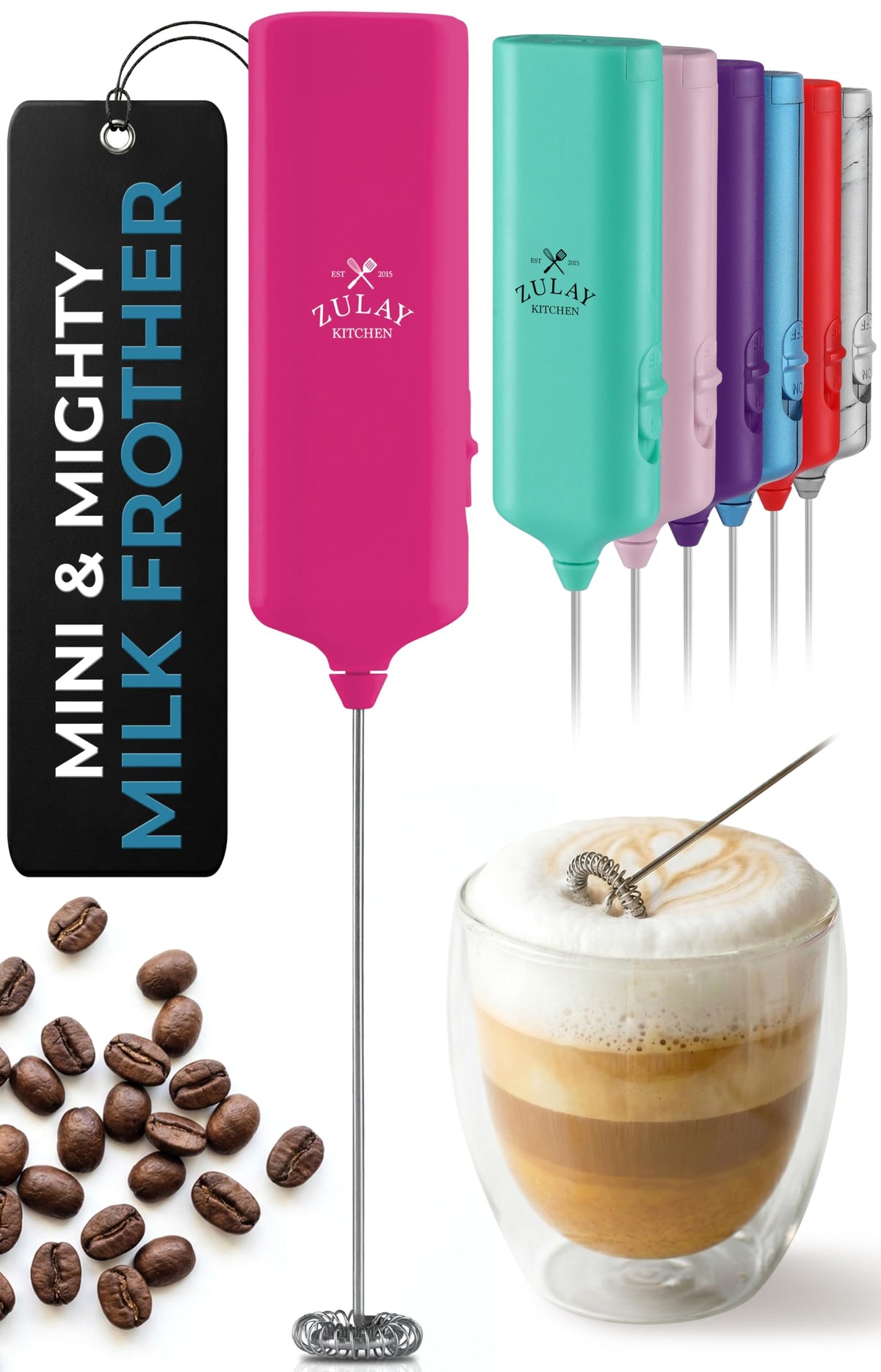 Zulay Powerful Milk Frother for Coffee with Upgraded Titanium Motor - Handheld Electric Whisk, Milk Foamer, Mini Mixer & Coffee Blender for Frappe, Latte, Matcha, No Stand - Pristine Teal