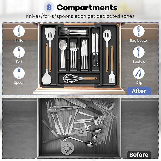 Caperci Large Silverware Organizer for Kitchen Drawer & Utensils - Expandable Drawer Organizer for Cutlery, Flatware & Gadget, BPA-Free Thick Plastic, Wider Compartments & Non-skid Feet (Black)
