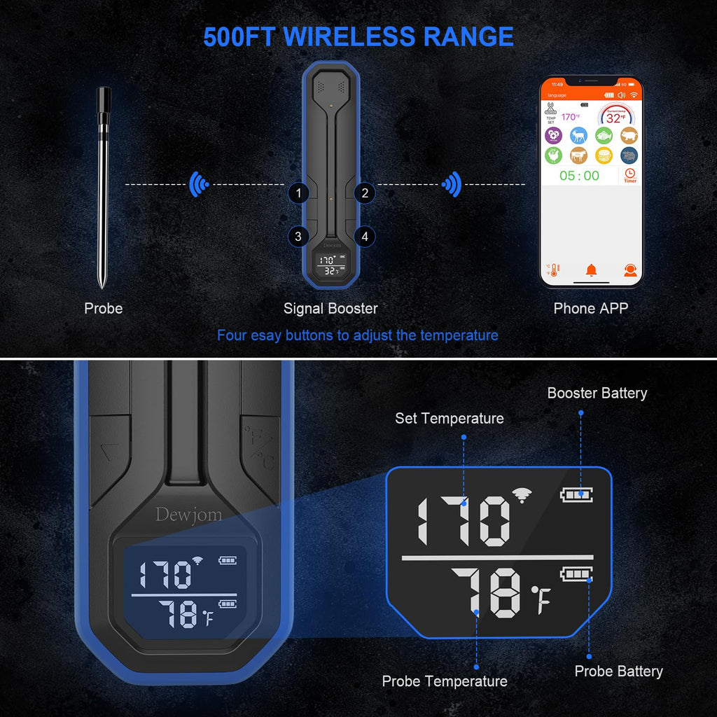 Wireless Meat Probe Thermometer with APP Control for BBQ Grill Smoker Oven