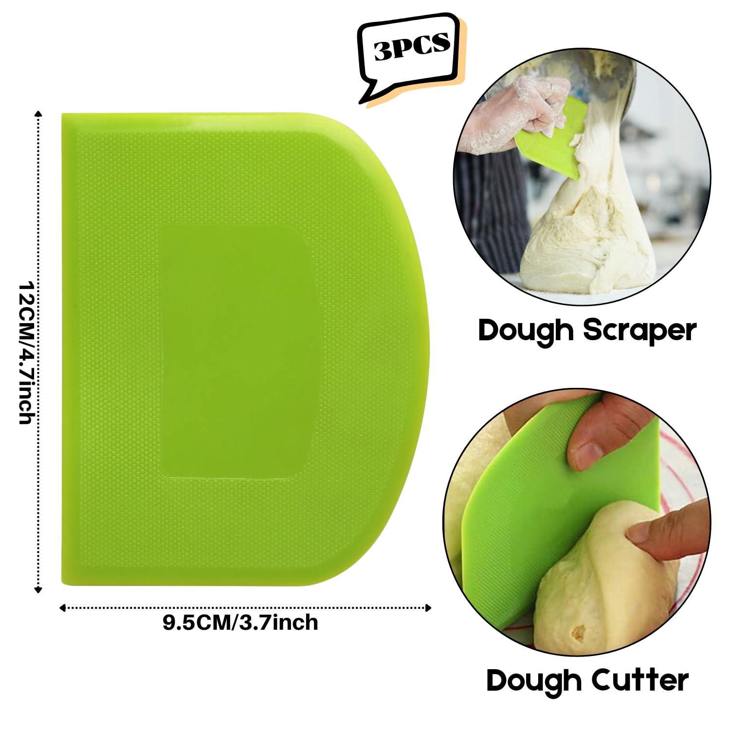 SURDOCA Dough Scraper Bench Scraper - 3P 4.7x3.7" Plastic Flexible Bowl Scraper, Sharp Edge & Angles Cake Scraper. Non-Slip Bakeware Decorating Tools Sculpting & Modeling Tools - Green+Yellow+Green