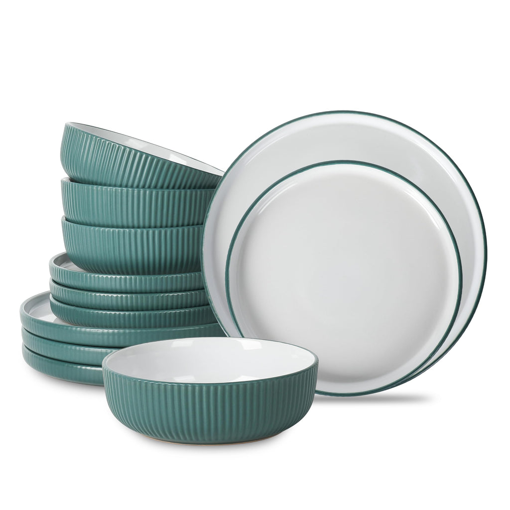 Christian Siriano Laro 12-Piece Stoneware Dinnerware Set, Plates and Bowls Set, Microwave and Dishwasher Safe, Dish Set for 4, Green
