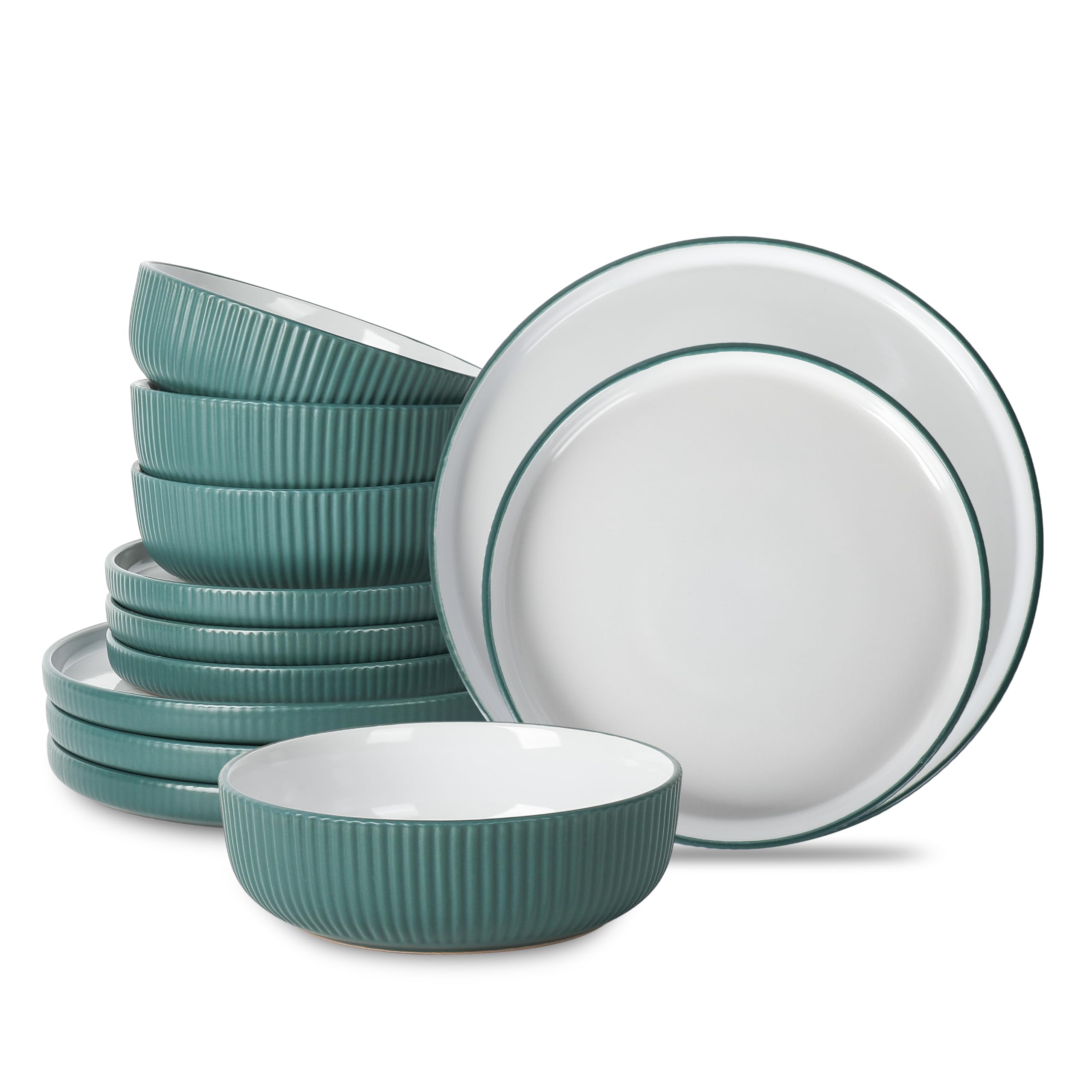 Christian Siriano Laro 12-Piece Stoneware Dinnerware Set, Plates and Bowls Set, Microwave and Dishwasher Safe, Dish Set for 4, Green