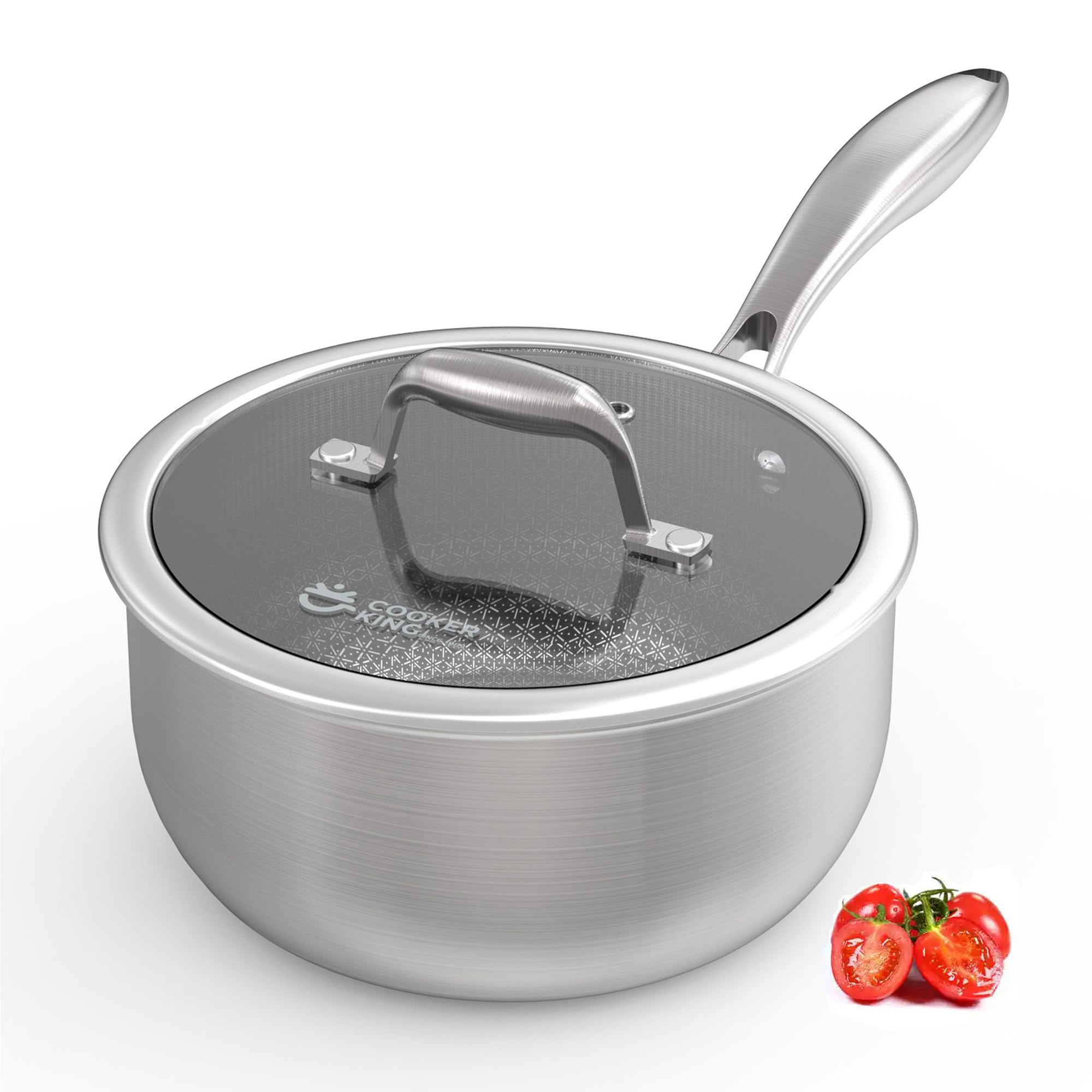 COOKER KING 3 Quart Stainless Steel Saucepan with Lid, Tri-Ply Ceramic Nonstick Pot, Metal Utensil Safe, Dishwasher & Oven Safe up to 900F, Induction Cookware for All Stovetops