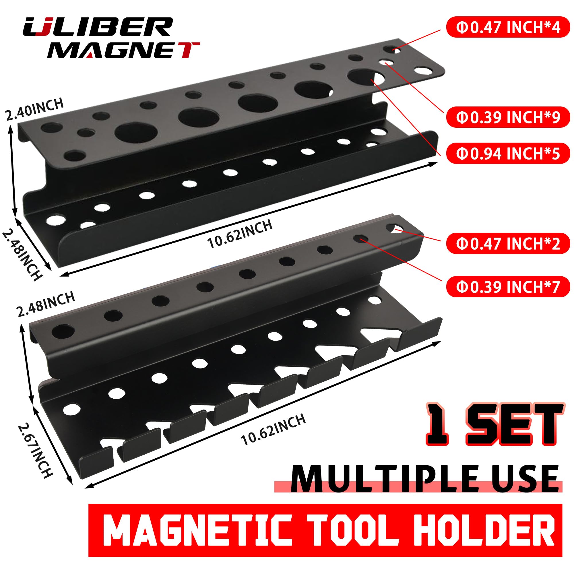 ULIBERMAGNET Magnetic Screwdriver Holder,Magnetic Wrench Holder,Heavy Duty Black Metal Tool Storage Organizer,Set of 2 Magnetic Mount Tool Holder for Garage,Workbench,Tool Cart,PegBoard