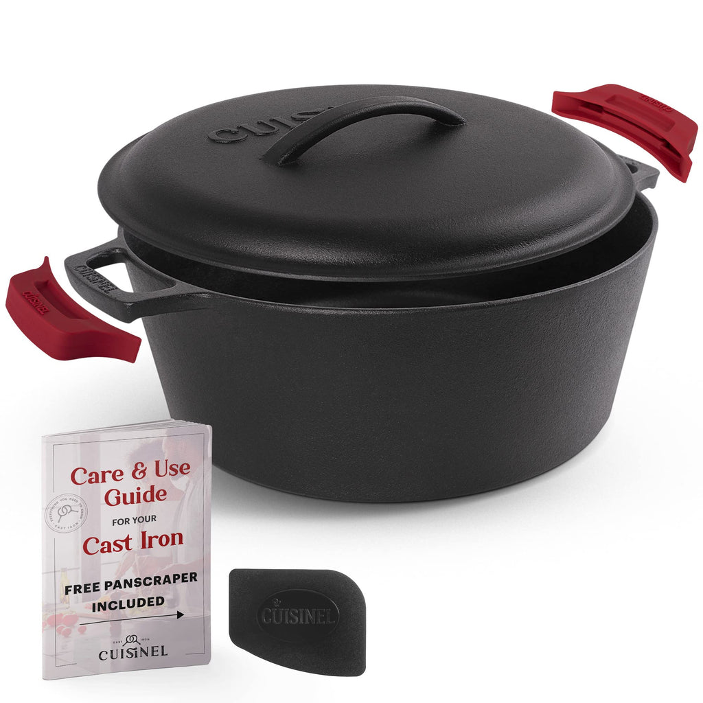 Cuisinel Cast Iron Dutch Oven - 7-Quart Deep Pot + Lid + Pan Scraper + Handle Covers - Large Pre-Seasoned Cooker for Baking Bread, Soup, Frying - Indoor/Outdoor Kitchen, Camping, Fire, BBQ Safe