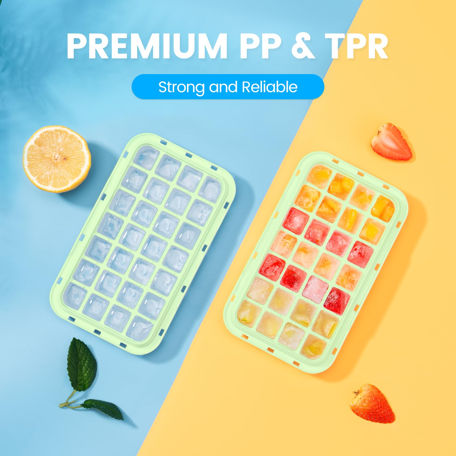 PHINOX Ice Cube Tray with Lid and Bin, Easy Release 28 Cubes for Freezer