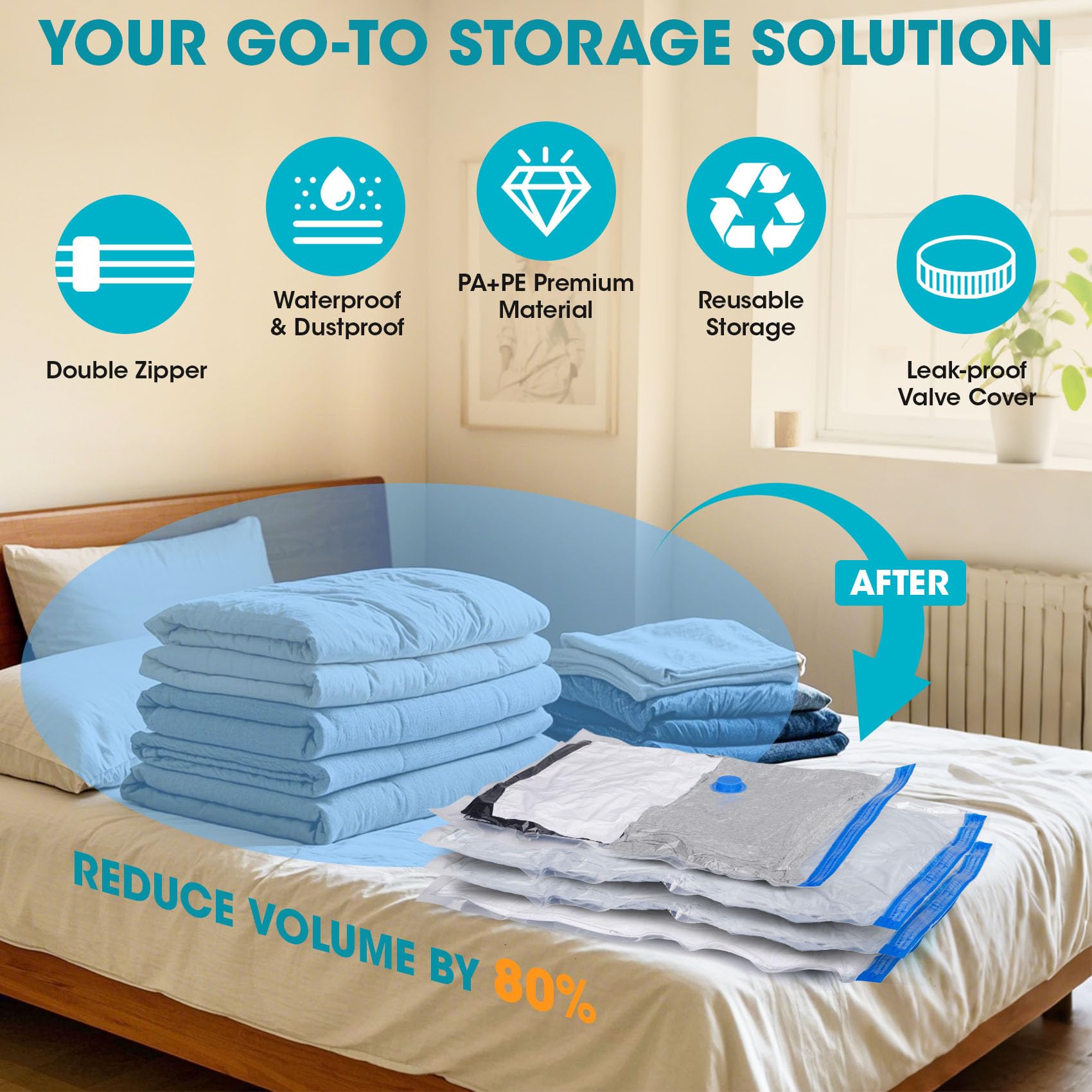 20 Pack Vacuum Storage Bags with Electric Pump, Compression Space Saver Vacuum Seal Bags 4 Jumbo/4 Large/4 Medium/4 Small/4 Roll Up Bags for Clothing Travel Comforters Blankets Pillows Bedding Duvets