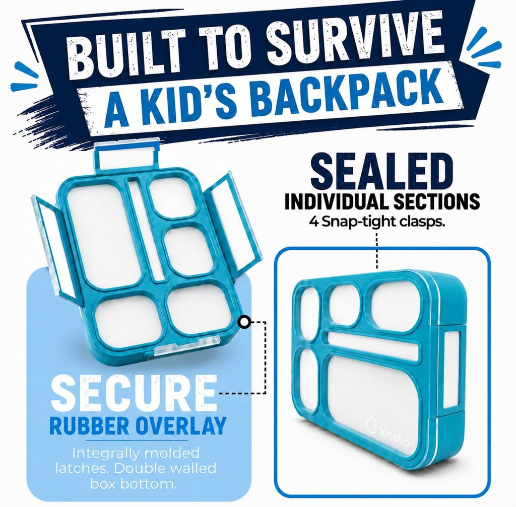 kinsho Bento Lunch Box, Ice Pack Insulated Bag for Kids, Boys, Teens, Blue