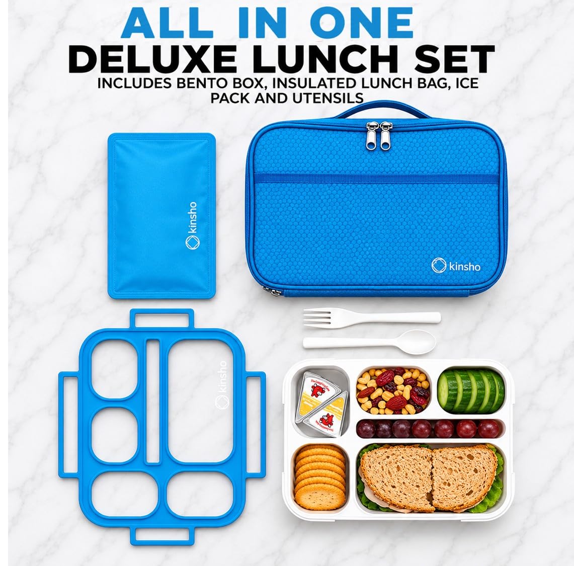 kinsho Bento Lunch Box, Ice Pack Insulated Bag for Kids, Boys, Teens, Blue
