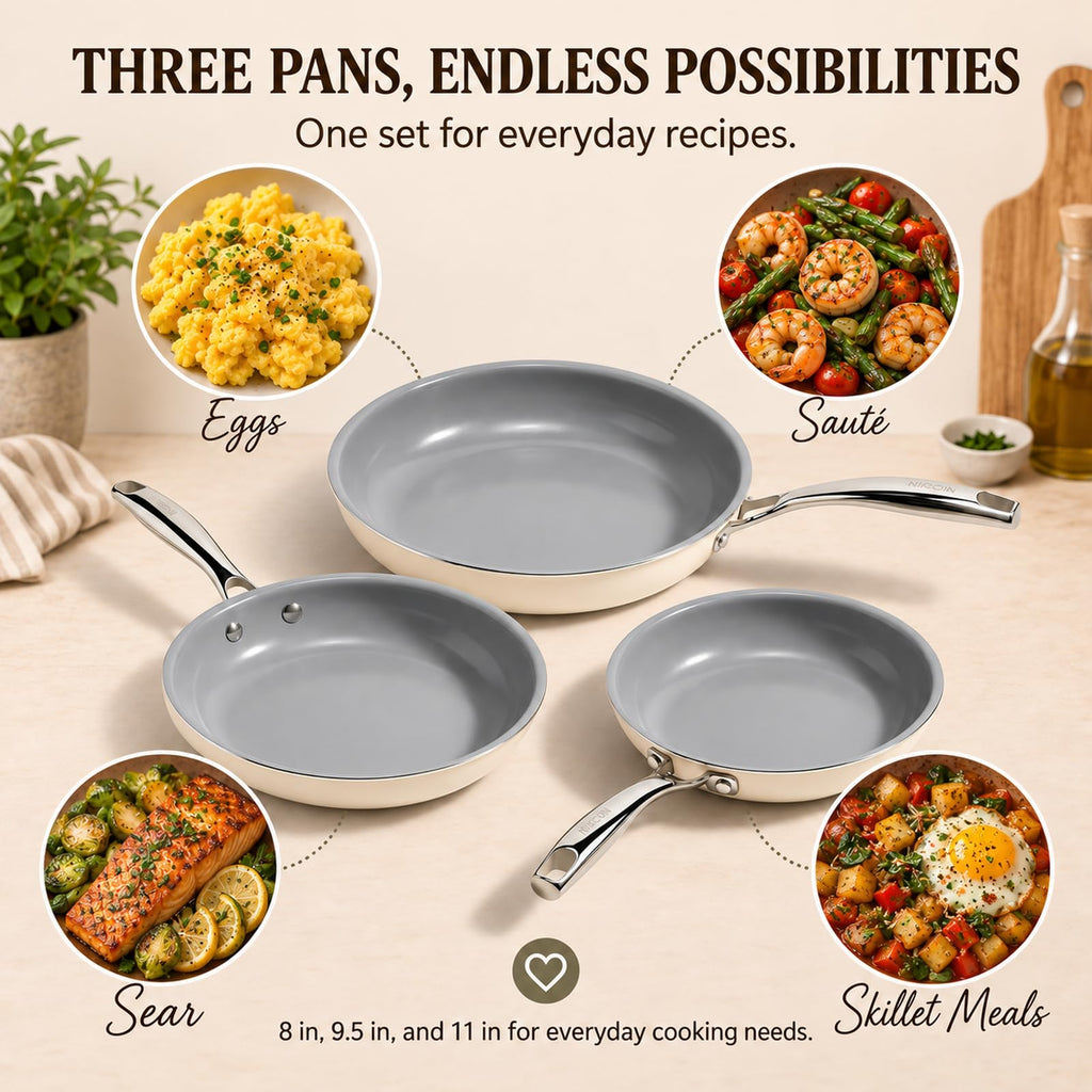 Kikcoin Ceramic Nonstick Frying Pans Set, 3 Piece Skillets (8"+9.5"+11")