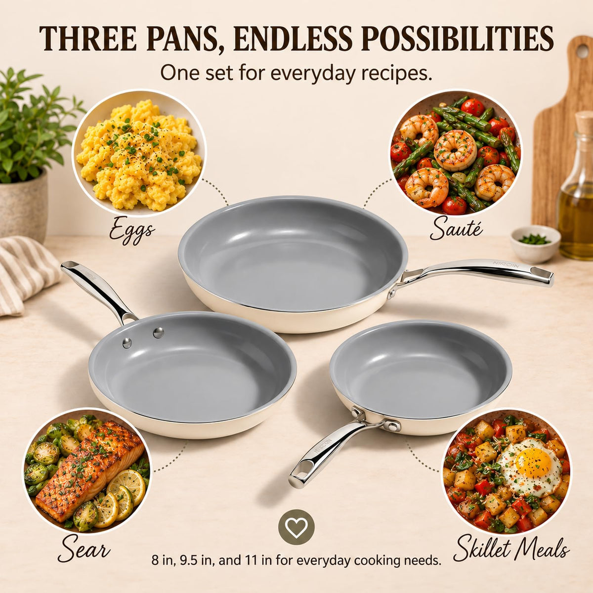 Kikcoin Ceramic Nonstick Frying Pans Set, 3 Piece Skillets (8"+9.5"+11")