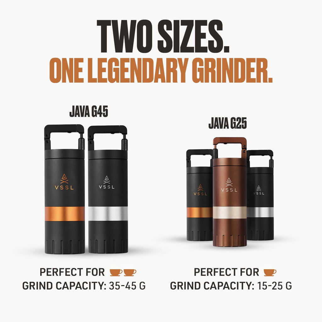 【VSSL Java G45】Premium Manual Coffee Grinder | Portable Coffee Grinder for Camping or Hiking | Straight Handle French Press, Drip, Espresso with Stainless Steel Conical Burr Mill | 45 gram capacity