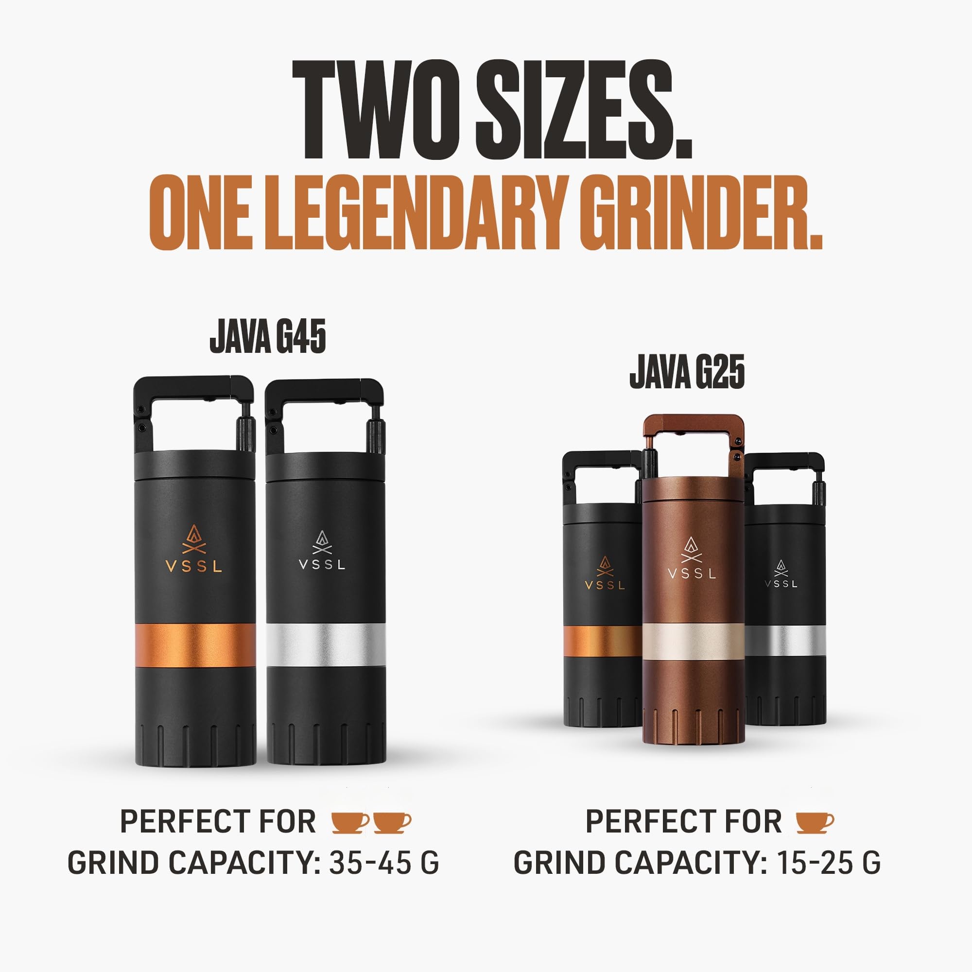 【VSSL Java G45】Premium Manual Coffee Grinder | Portable Coffee Grinder for Camping or Hiking | Straight Handle French Press, Drip, Espresso with Stainless Steel Conical Burr Mill | 45 gram capacity